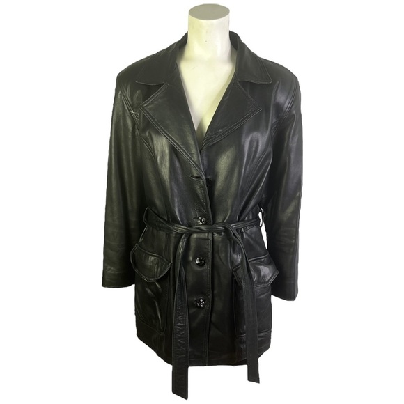 AKOURY CUIRS BLACK LEATHER COAT LAMBSKIN SOFT LEATHER BELTED SINGLE BREAST SMALL - Picture 13 of 13